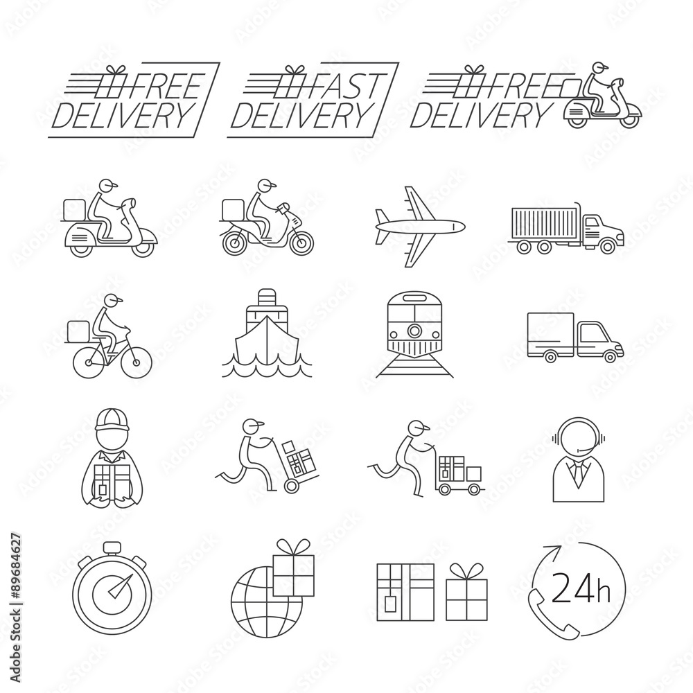 Fototapeta premium Delivery Thin Line Icons Set, Shipping, Transport, Order, Service, Fast and Free