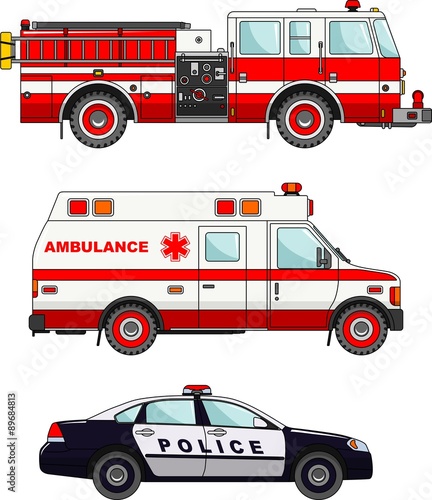 Fire truck, police and ambulance cars isolated on white