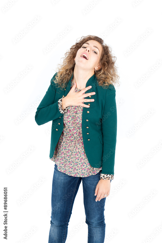 Beautiful Hispanic woman doing different expressions in different sets of clothes: heart attack Beautiful Hispanic woman doing different expressions in different sets of clothes: heart attack
