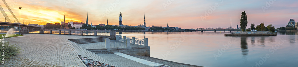 Panoramic view on old city of Riga from left embankment of the Daugava river, Latvia