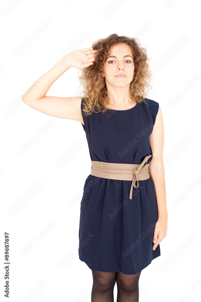Beautiful Hispanic woman doing different expressions in different sets of clothes: at attention Beautiful Hispanic woman doing different expressions in different sets of clothes: at attention