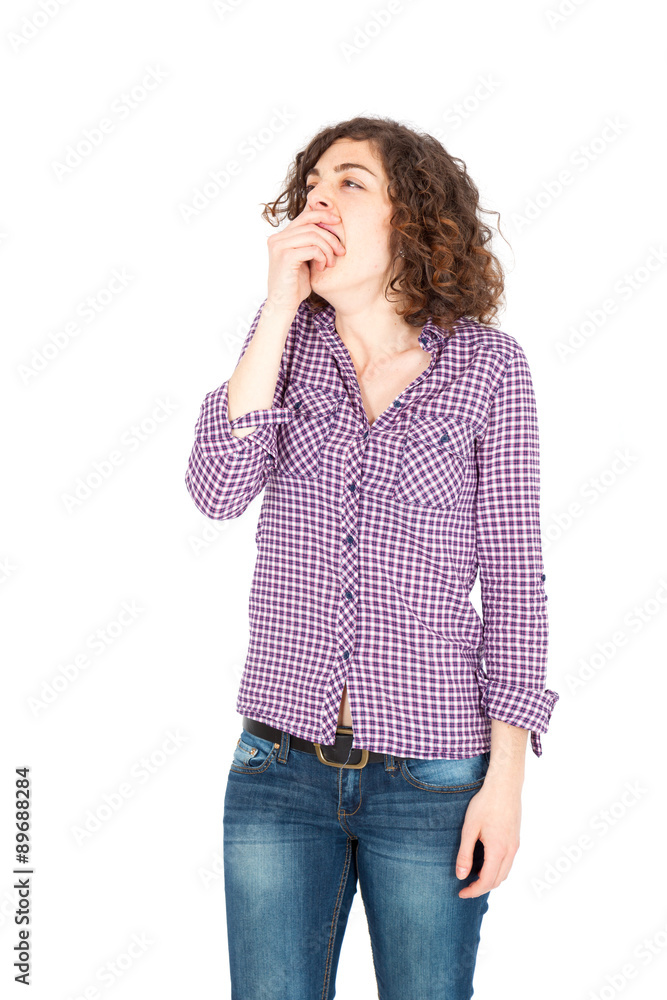 Beautiful Hispanic woman doing different expressions in different sets of clothes: yawning Beautiful Hispanic woman doing different expressions in different sets of clothes: yawning