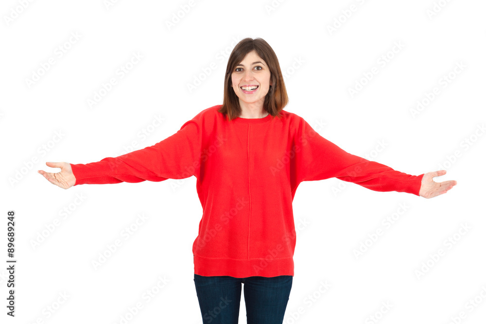 Beautiful woman doing different expressions in different sets of clothes: welcome Beautiful woman doing different expressions in different sets of clothes: welcome