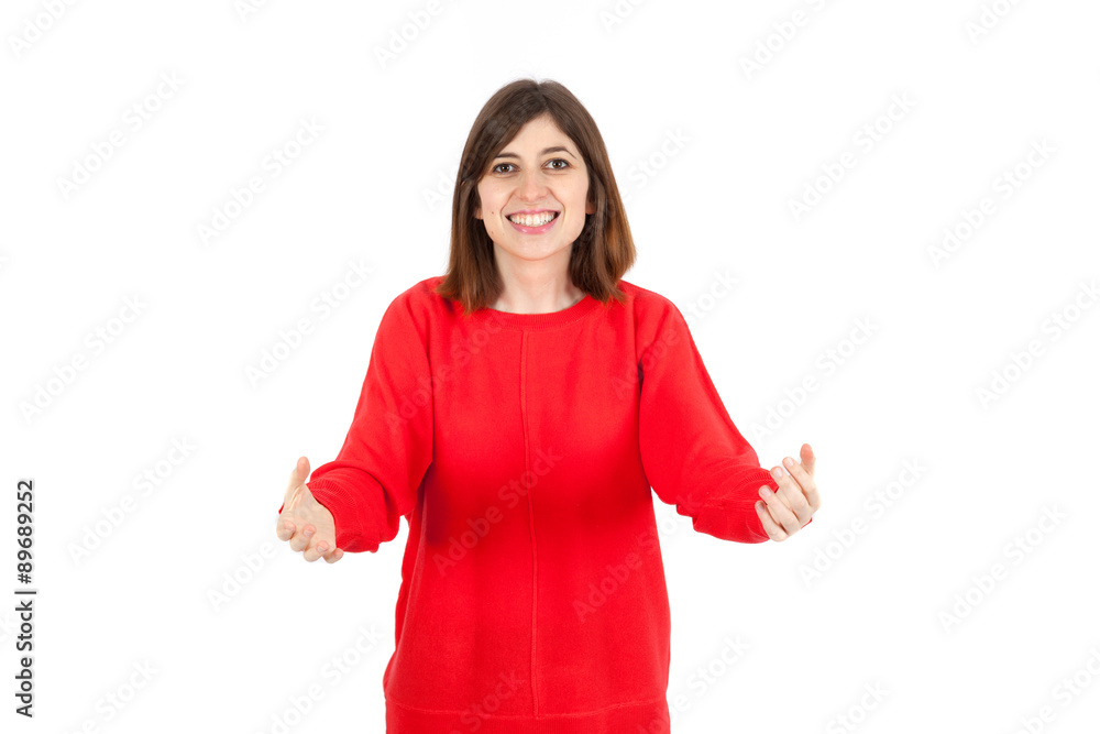 Beautiful woman doing different expressions in different sets of clothes: welcome Beautiful woman doing different expressions in different sets of clothes: welcome