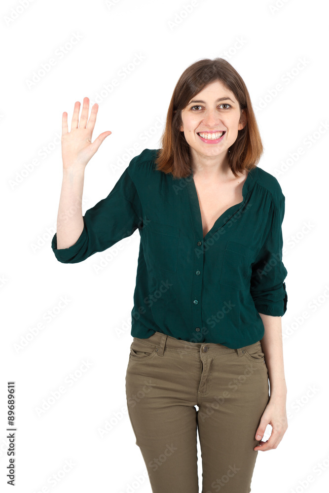 Beautiful woman doing different expressions in different sets of clothes: waving Beautiful woman doing different expressions in different sets of clothes: waving
