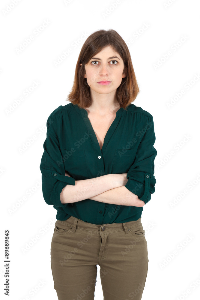 Beautiful woman doing different expressions in different sets of clothes: arms crossed Beautiful woman doing different expressions in different sets of clothes: arms crossed