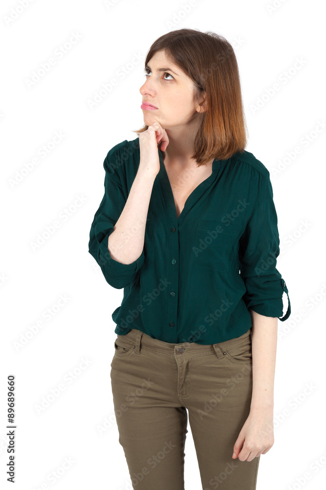 Beautiful woman doing different expressions in different sets of clothes: thinking Beautiful woman doing different expressions in different sets of clothes: thinking