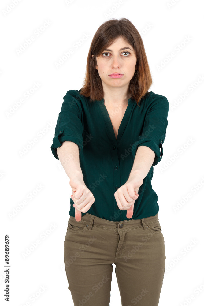 Beautiful woman doing different expressions in different sets of clothes: thumbs down Beautiful woman doing different expressions in different sets of clothes: thumbs down