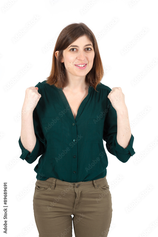 Beautiful woman doing different expressions in different sets of clothes: arms raised Beautiful woman doing different expressions in different sets of clothes: arms raised