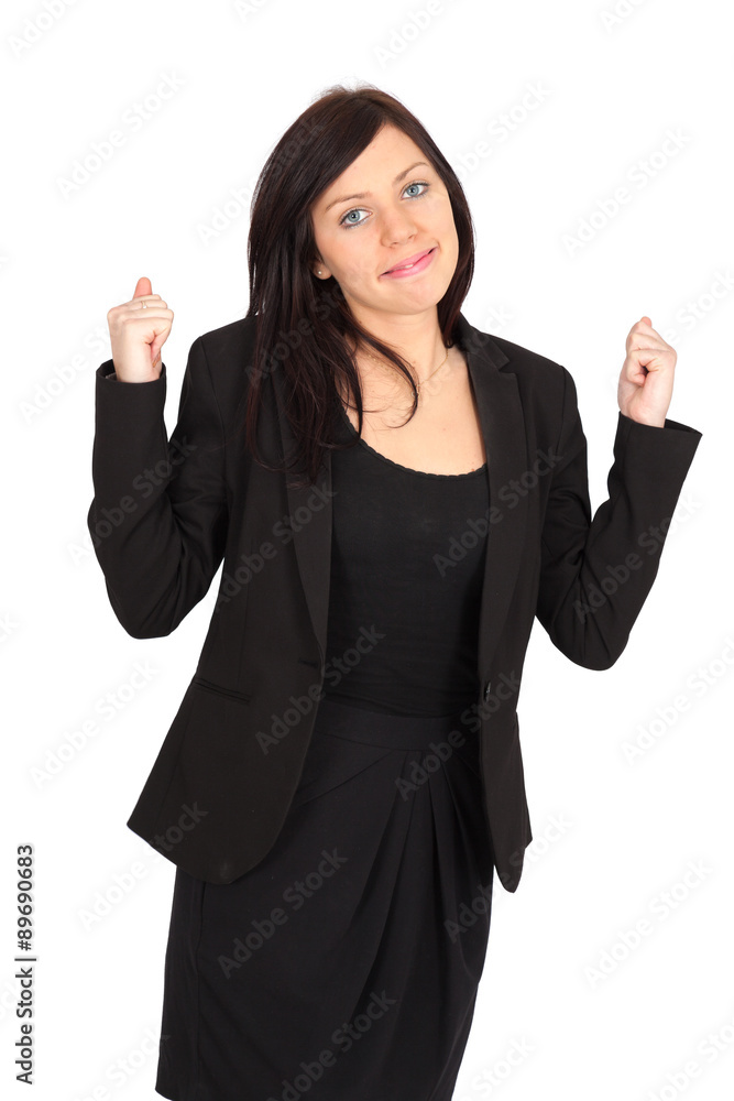 Beautiful woman doing different expressions in different sets of clothes: arms raised Beautiful woman doing different expressions in different sets of clothes: arms raised