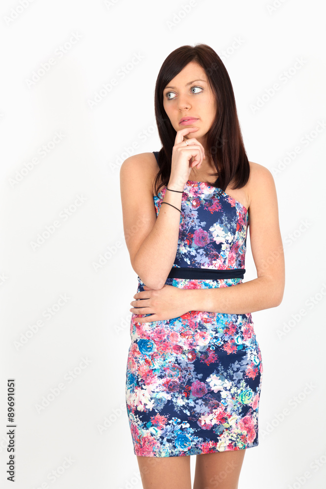 Beautiful woman doing different expressions in different sets of clothes: thinking Beautiful woman doing different expressions in different sets of clothes: thinking