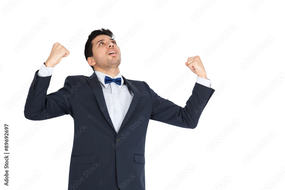 Handsome man doing different expressions in different sets of clothes: arms raised Handsome man doing different expressions in different sets of clothes: arms raised