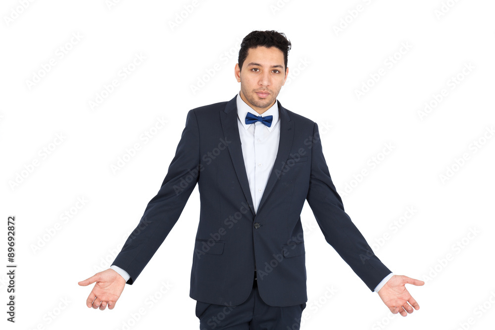 Handsome man doing different expressions in different sets of clothes: joy