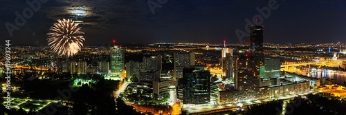 Canvas Print Vienna, Uno City at dawn, with fireworks