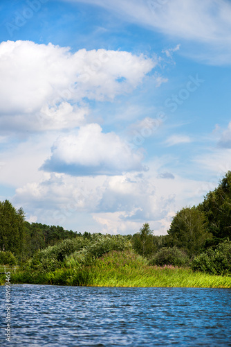 Blue Sky and White Clouds  Green Forest and Blue Waters of River