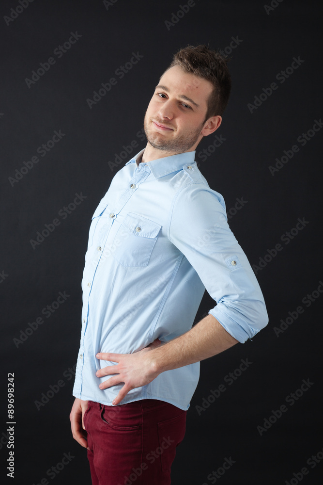 Handsome men doing different expressions in different sets of clothes: backache Handsome men doing different expressions in different sets of clothes: backache