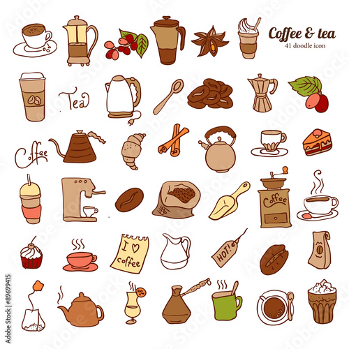 Dooodle Coffee  and Tea c icon set. photo