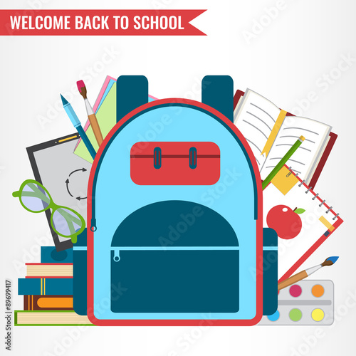 Set of school backpack with school supplies, education objects for your design.