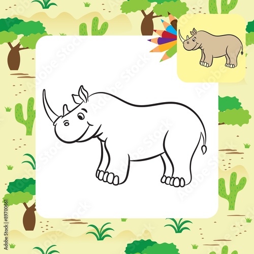 Cartoon rhino. Coloring page. Vector illustration.  