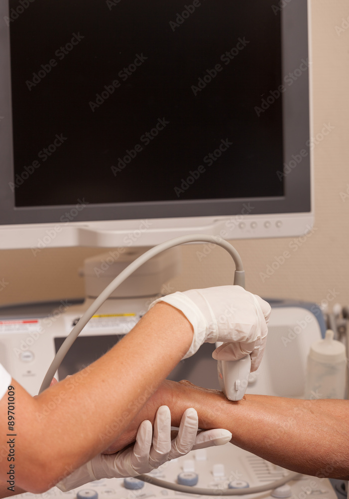 Fototapeta premium Undergoing medical test in hospital. Ultrasound sonography of hu