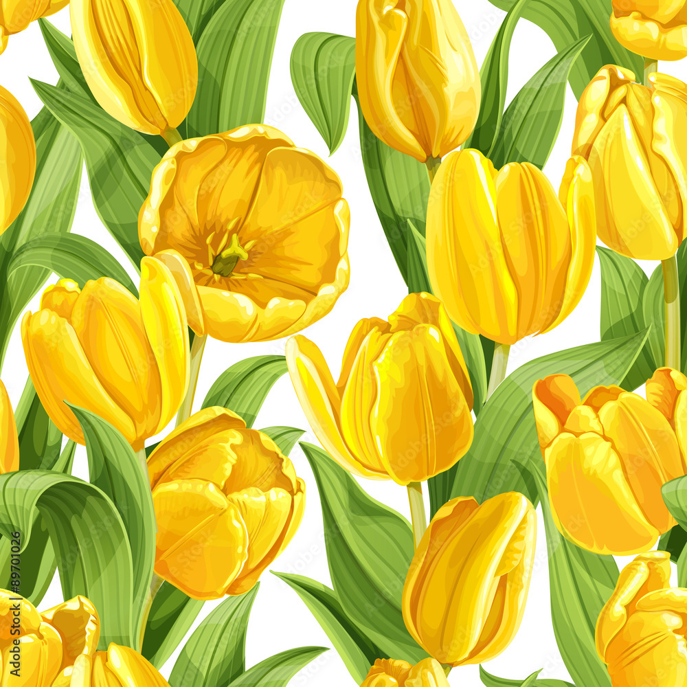 Seamless pattern of yellow tulips realistic