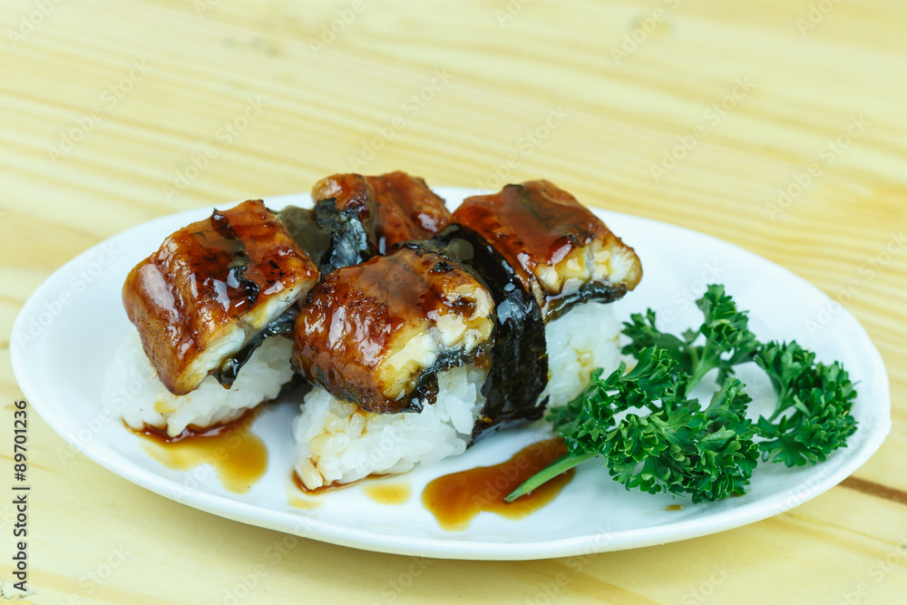 Traditional japanese food, Eel (unagi) Nigiri Sushi or Unagi Kab