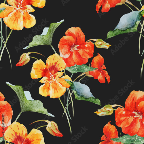 Watercolor nasturtium flower pattern © zenina