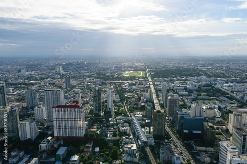Bangkok Thailand Jun 21st 2015 View of expressway and skyline aerial view from the high hotel roof floors.
