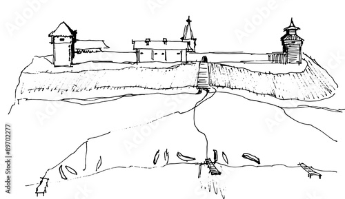 Drawing historic view with fortress and boats on the shore.