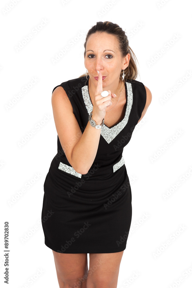 Beautiful woman doing different expressions in different sets of clothes: be quiet Beautiful woman doing different expressions in different sets of clothes: be quiet