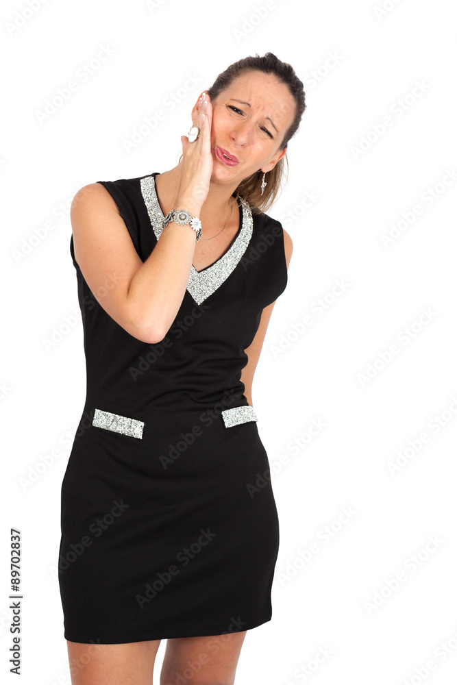 Beautiful woman doing different expressions in different sets of clothes: toothache Beautiful woman doing different expressions in different sets of clothes: toothache