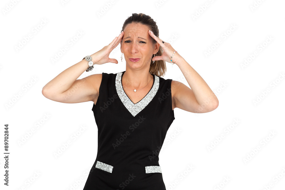Beautiful woman doing different expressions in different sets of clothes: headache Beautiful woman doing different expressions in different sets of clothes: headache
