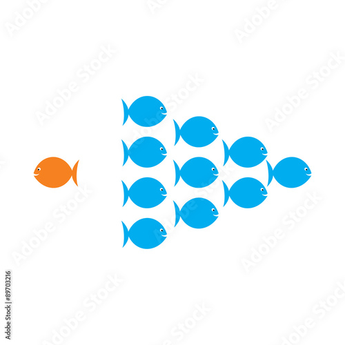 one fish choose different or opposite path for success in life concept vector