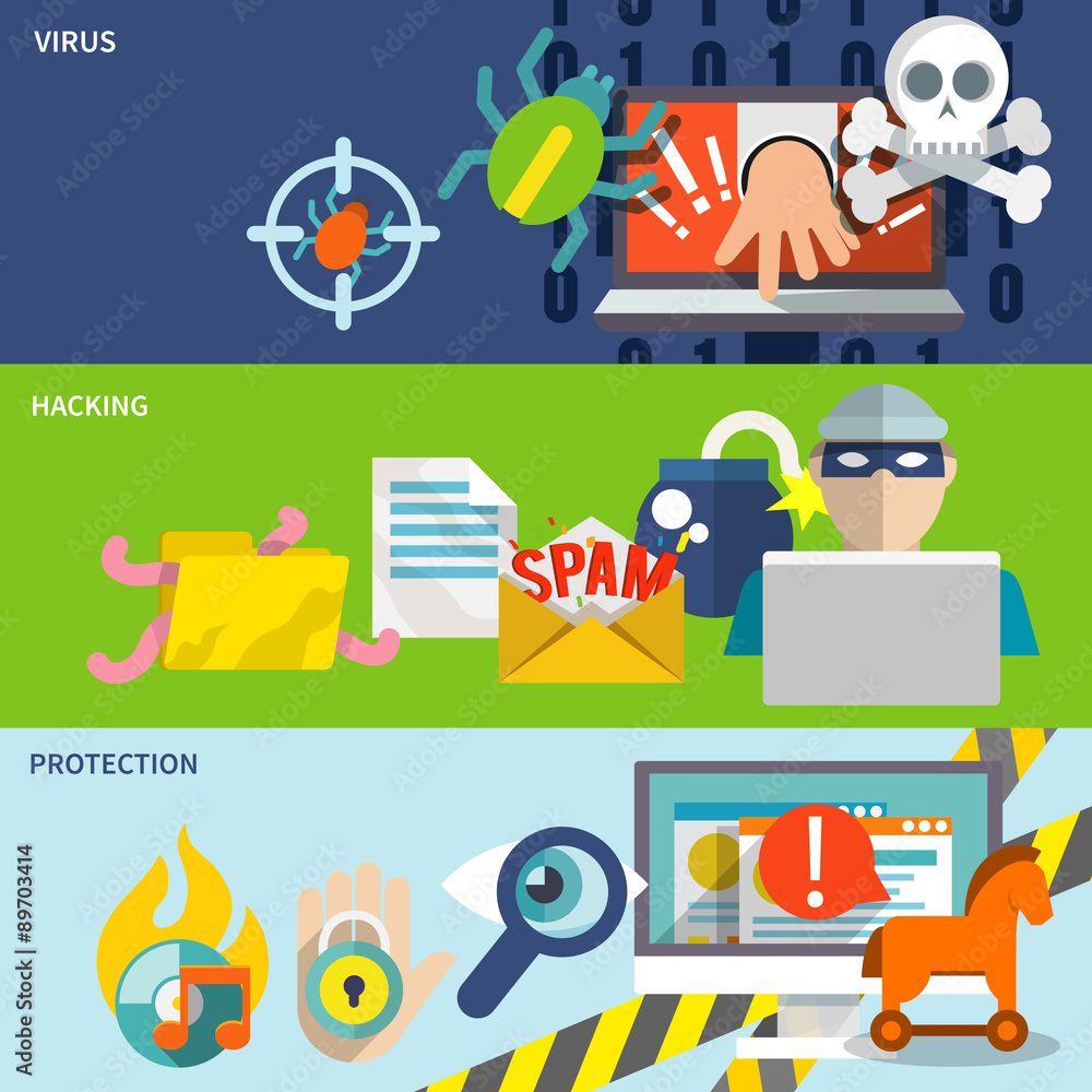 Hacker icons flat banner set Hacker icons flat banner set
