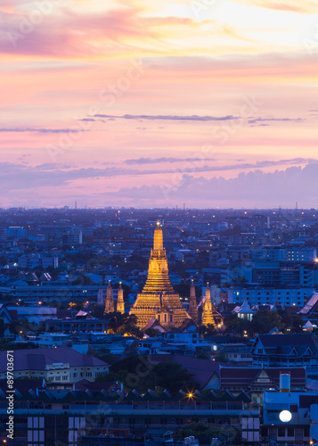 Wat Arun temple of a dawn in top view during twilight time , Bangkok , Thailand