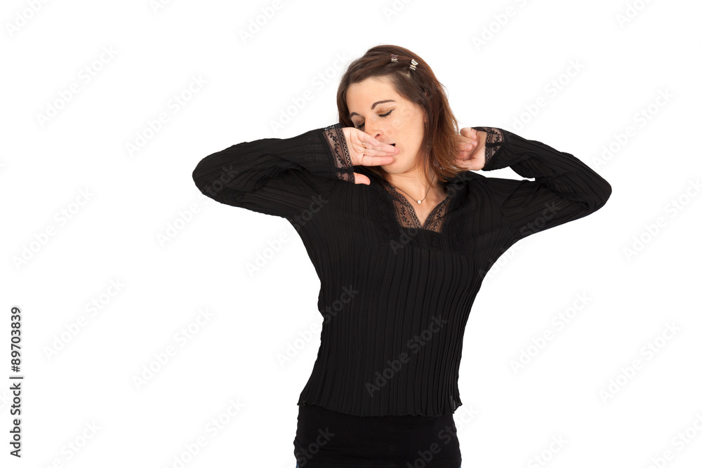 Beautiful woman doing different expressions in different sets of clothes: waking up