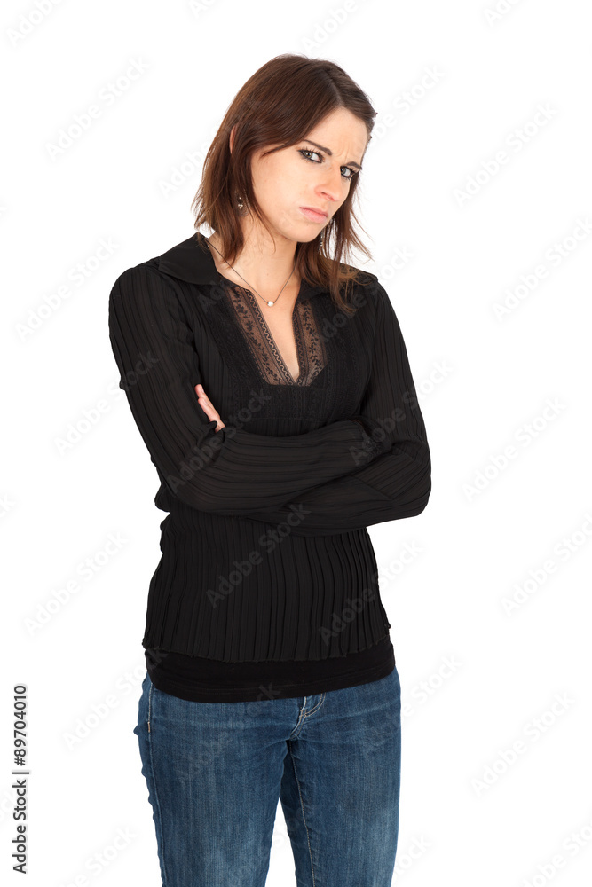 Beautiful woman doing different expressions in different sets of clothes: suspicion Beautiful woman doing different expressions in different sets of clothes: suspicion