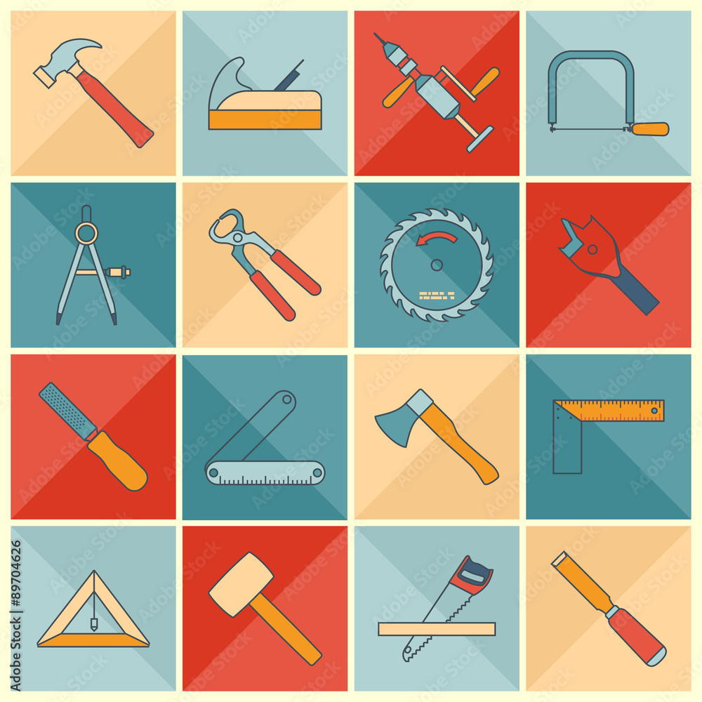 Carpentry tools flat line icons Carpentry tools flat line icons