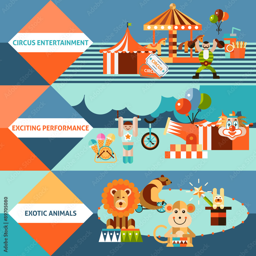 Fototapeta premium Circus icons flat banner set