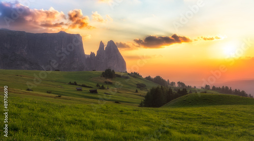 Schlern mountain with pasture at sunset, South Tyrol, Italy