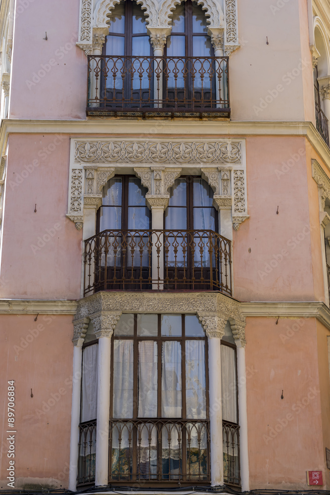 Moorish-style balconies, streets of the city Toledo, medieval ar Moorish-style balconies, streets of the city Toledo, medieval ar