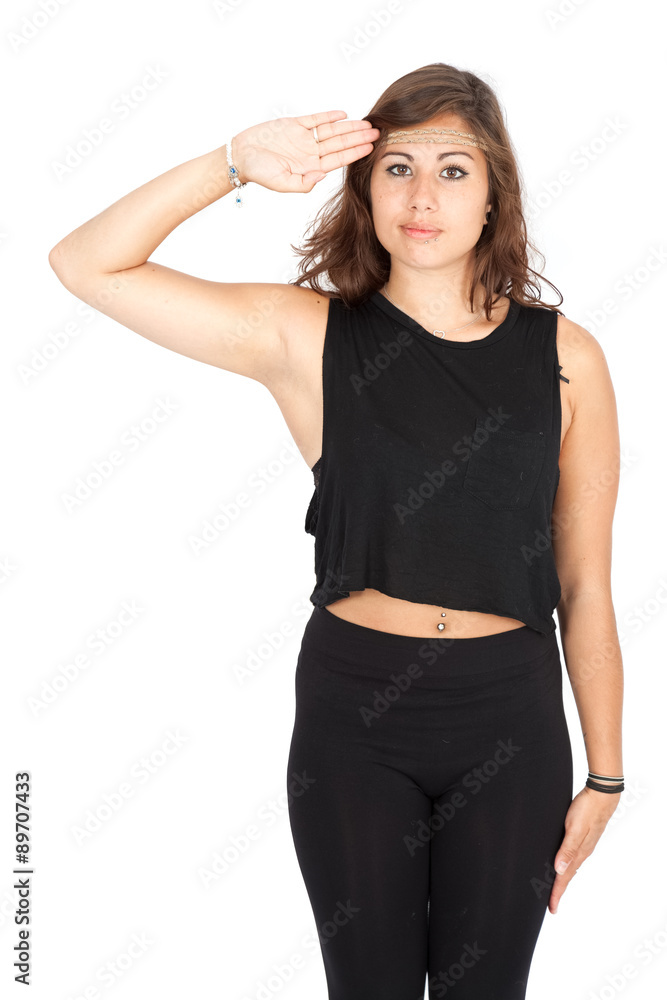 Beautiful woman doing different expressions in different sets of clothes: at attention Beautiful woman doing different expressions in different sets of clothes: at attention