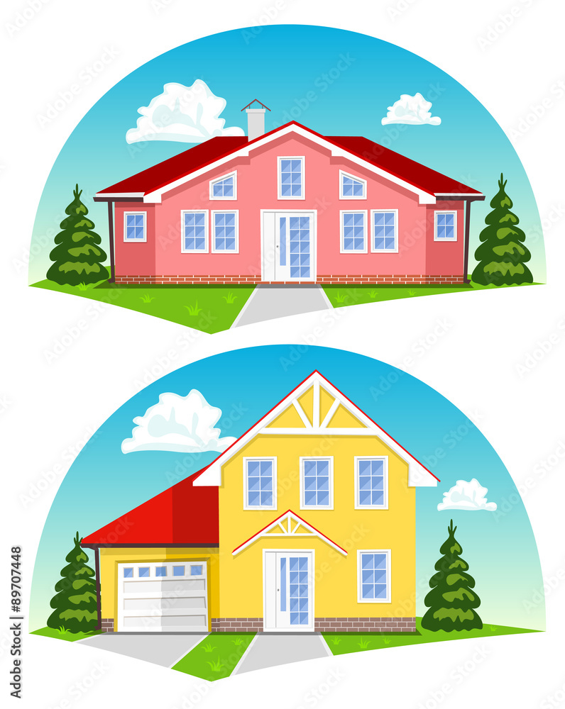 Colorful cartoon houses on white background. Vector