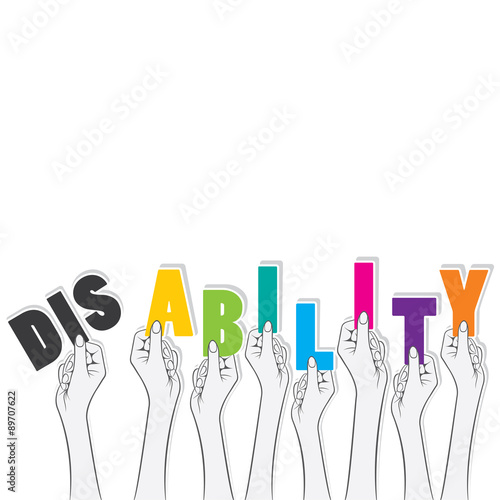 disability word hold in hand, transform in ability concept design vector