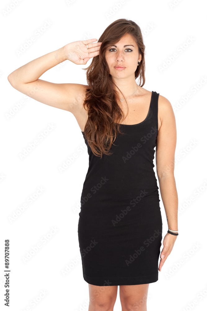 Beautiful woman doing different expressions in different sets of clothes: at attention Beautiful woman doing different expressions in different sets of clothes: at attention