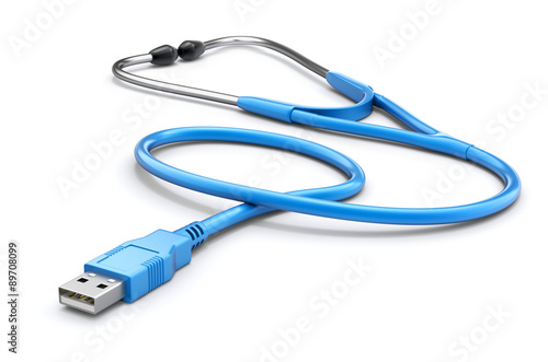 Computer diagnostic tool - 3D concept with stethoscope and USB plug