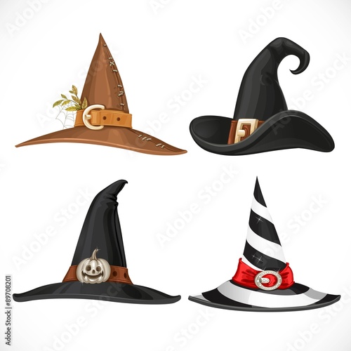 Witch hat with straps and buckles isolated on white background