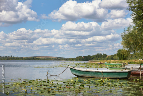 The charming landscape of lonely boat on the pond on a backgroun