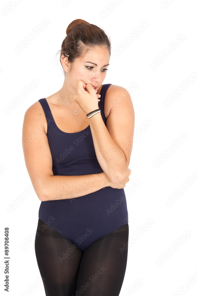 Beautiful woman doing different expressions in different sets of clothes: worried Beautiful woman doing different expressions in different sets of clothes: worried