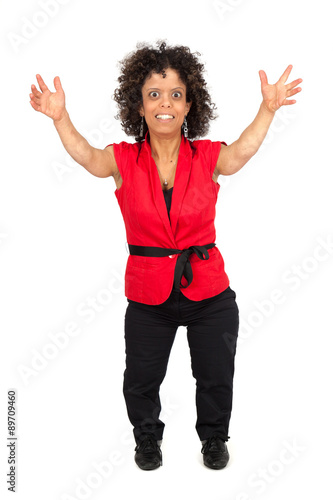 Beautiful woman doing different expressions in different sets of clothes: arms raised